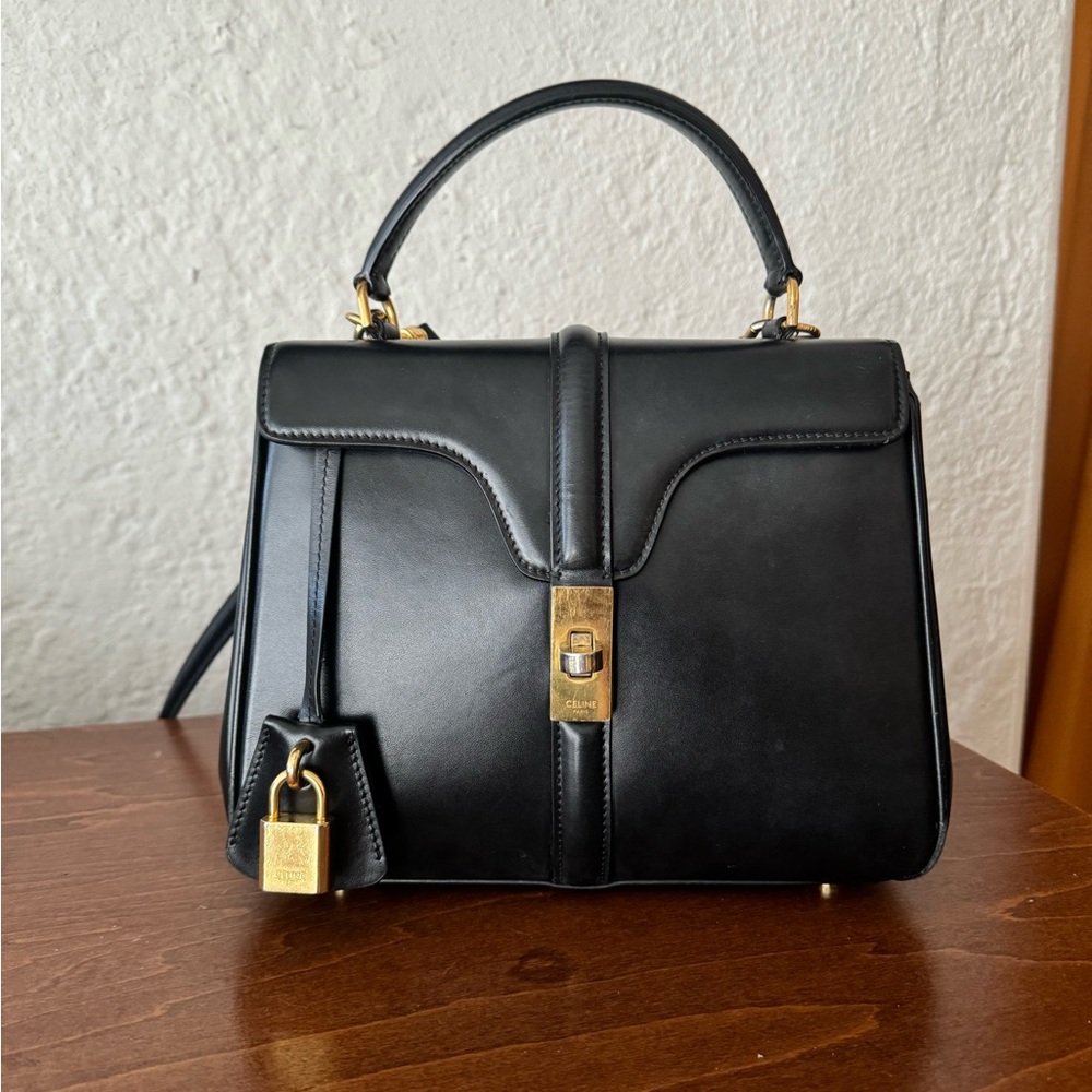 Celine Sac 16 Black Leather Satchel with Gold Accents